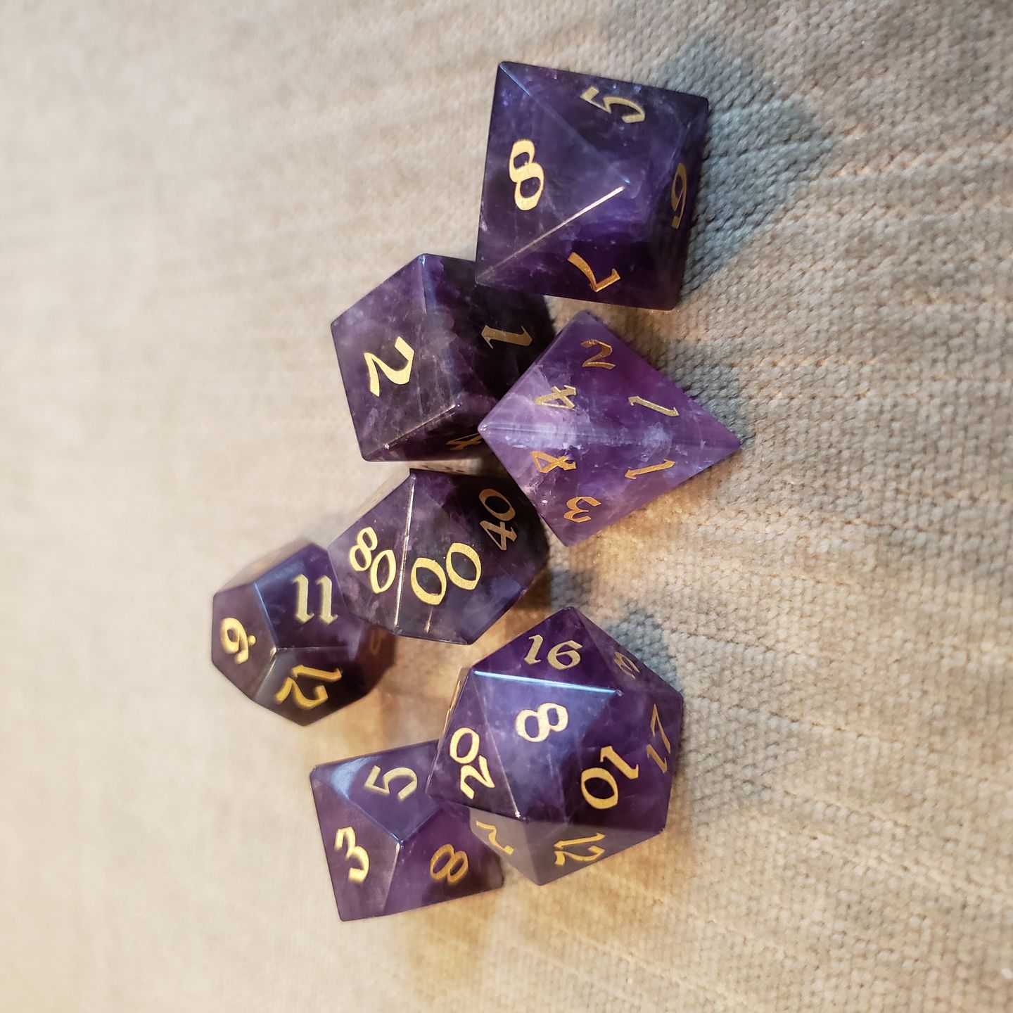 Customer photo review of Gemstone Amethyst Dice (With Box) Hand Carved Polyhedral Dice DND Set - Gift For Dnd, RPG Game