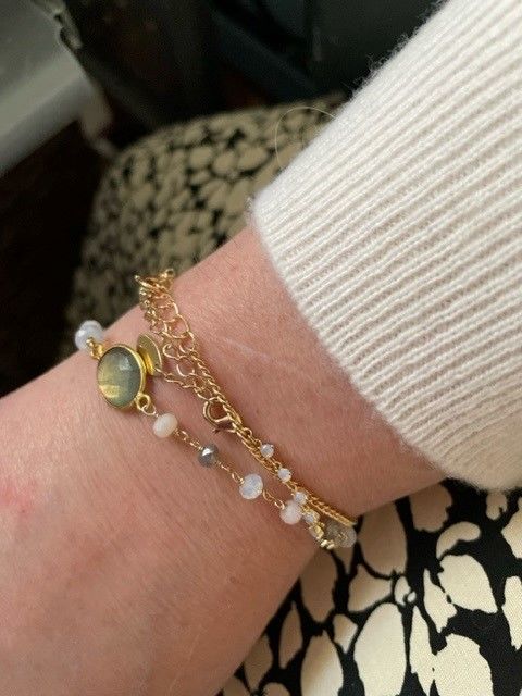 Customer photo review of Labradorite & Peach Moonstone Adjustable Gemstone Bracelet