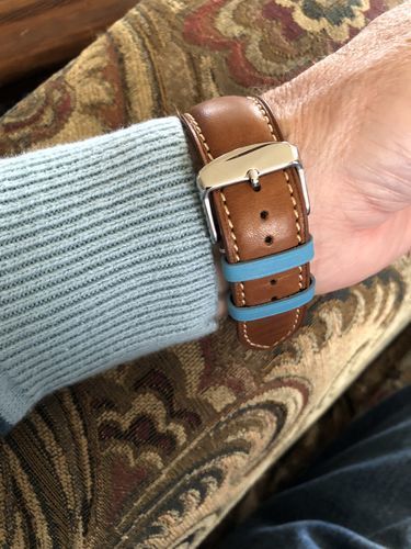 Customer photo review of The Executive French Leather Apple Watch Band - Barenia Tan