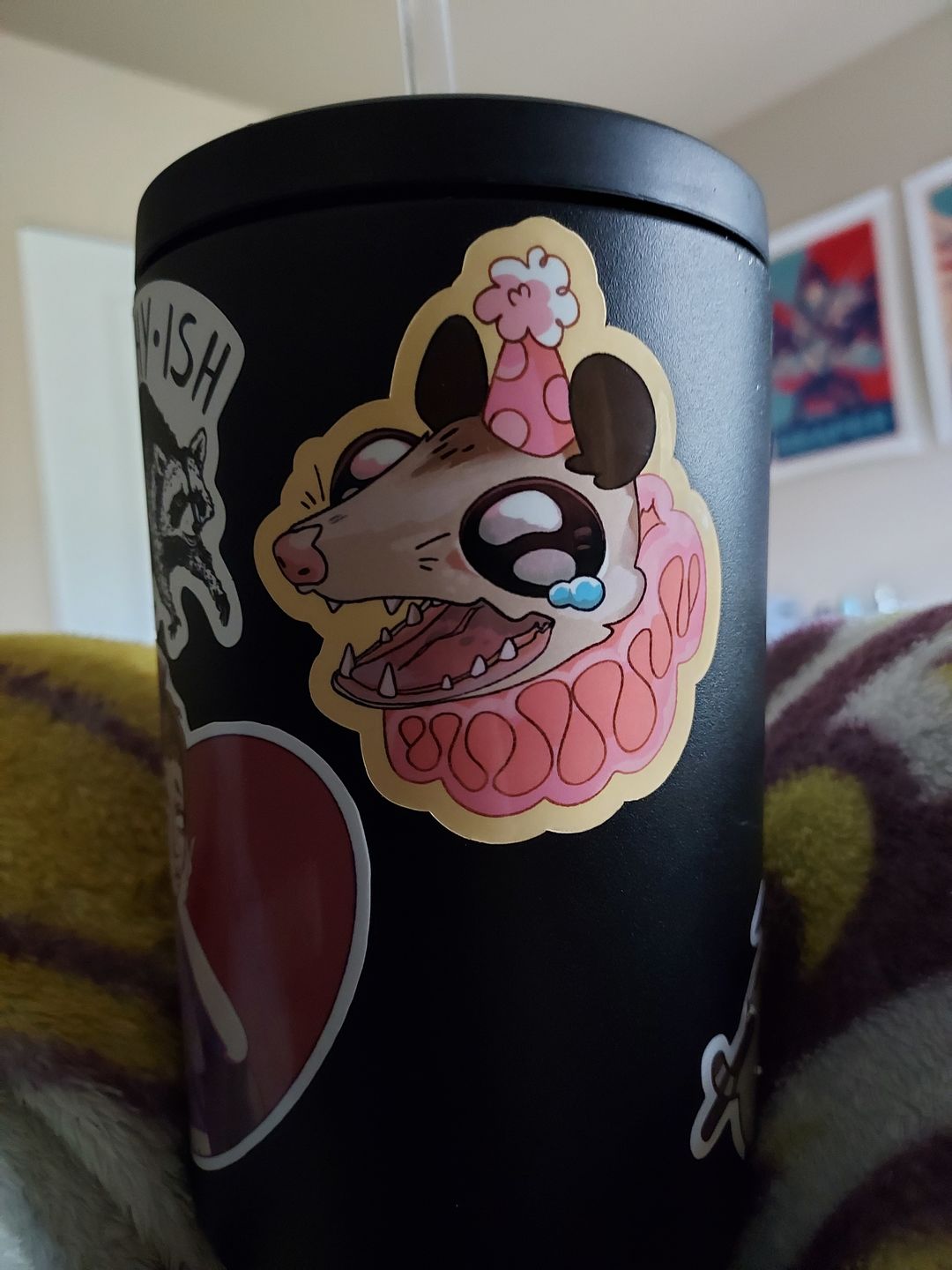 Customer photo review of Sad Party Opossum Stickers!