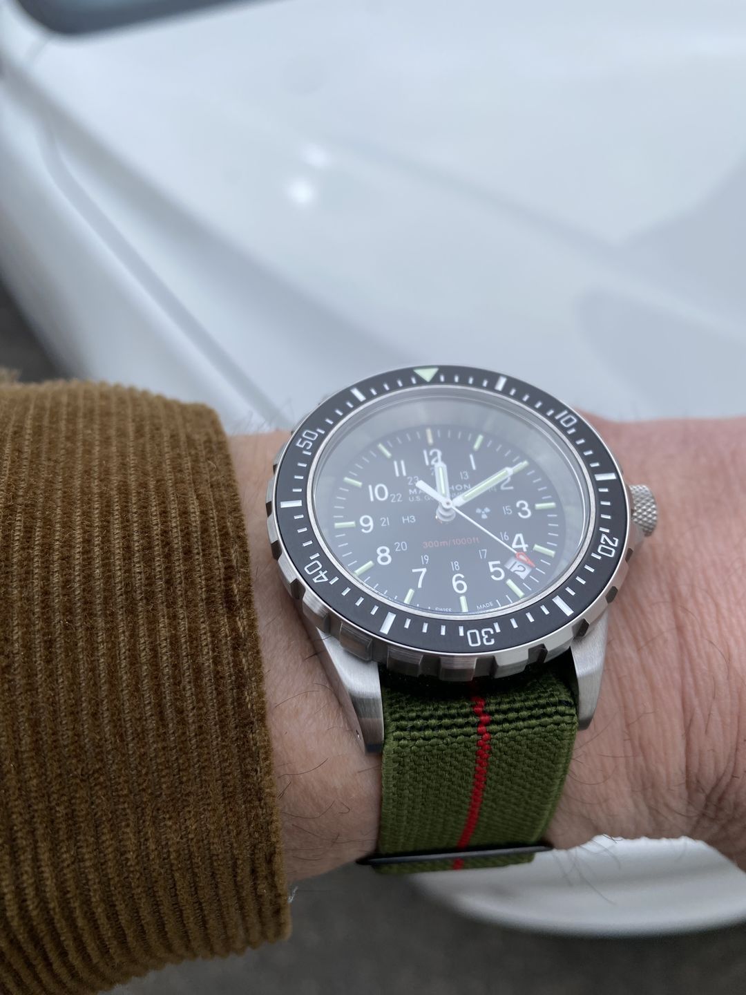 Customer photo review of Marine Nationale Military Style Elastic Strap - Green & Red with Black Buckles PVD
