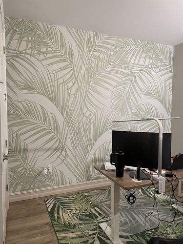 Customer photo review of Palm Escape Sage Green On White Wallpaper
