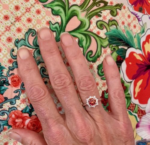 Customer photo review of Halo Sunburst Red Orange CZ Ring in Sterling Silver