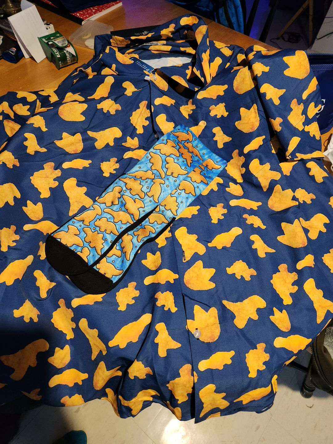 Customer photo review of Dinosaur Chicken Nuggets Blue Button Up Shirt