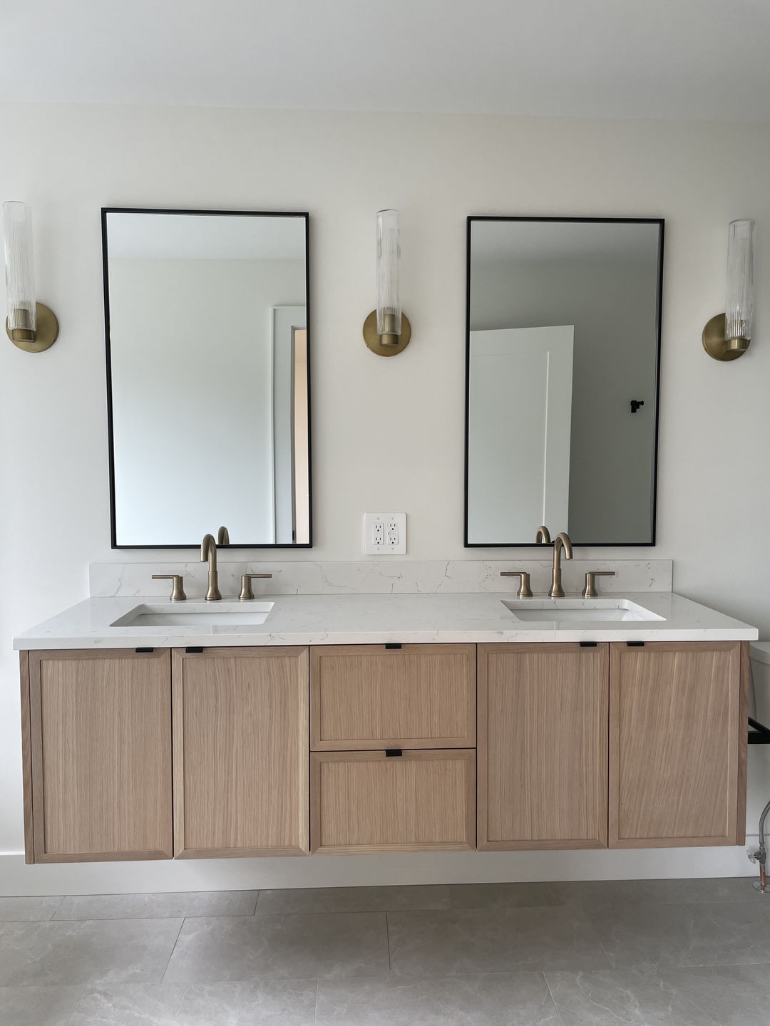 Customer photo review of Cape Breton 72" Wall Mount White Oak Bathroom Vanity, Double Sink