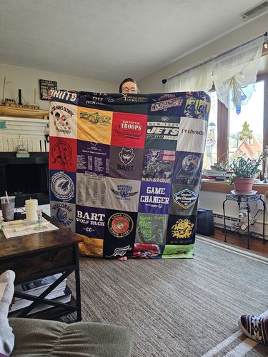 T-shirt quilt featuring bart wolf pack, jets by Robin from MA