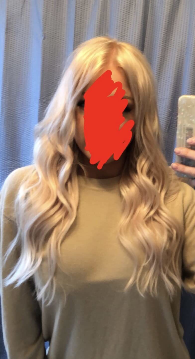 Customer photo review of Seamless Tape in Hair Extensions Best Virgin Hair Lightest Blonde #60