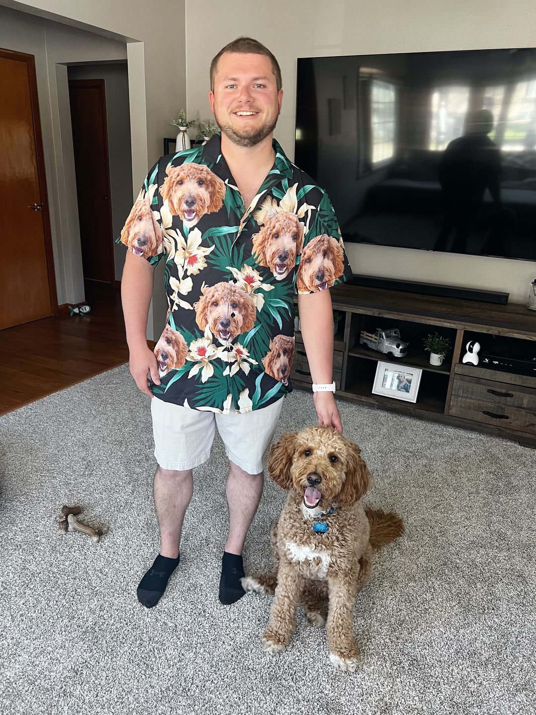 Customer photo review of Custom Leaves & Flowers Pattern Short-Sleeve Hawaiian Shirt (Dark Green Color)