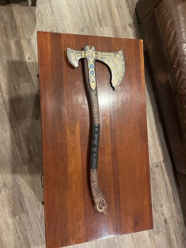 Customer photo review of Hand-forged Leviathan axe with leather wrap "Ragnarok Kratos axe" with hardened blade