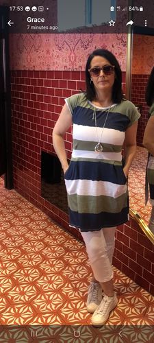 Customer photo review of Magda Khaki Striped Tulip Dress