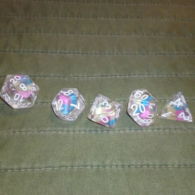 Customer photo review of Dragon Swirl Candy Polyhedral Dice Set