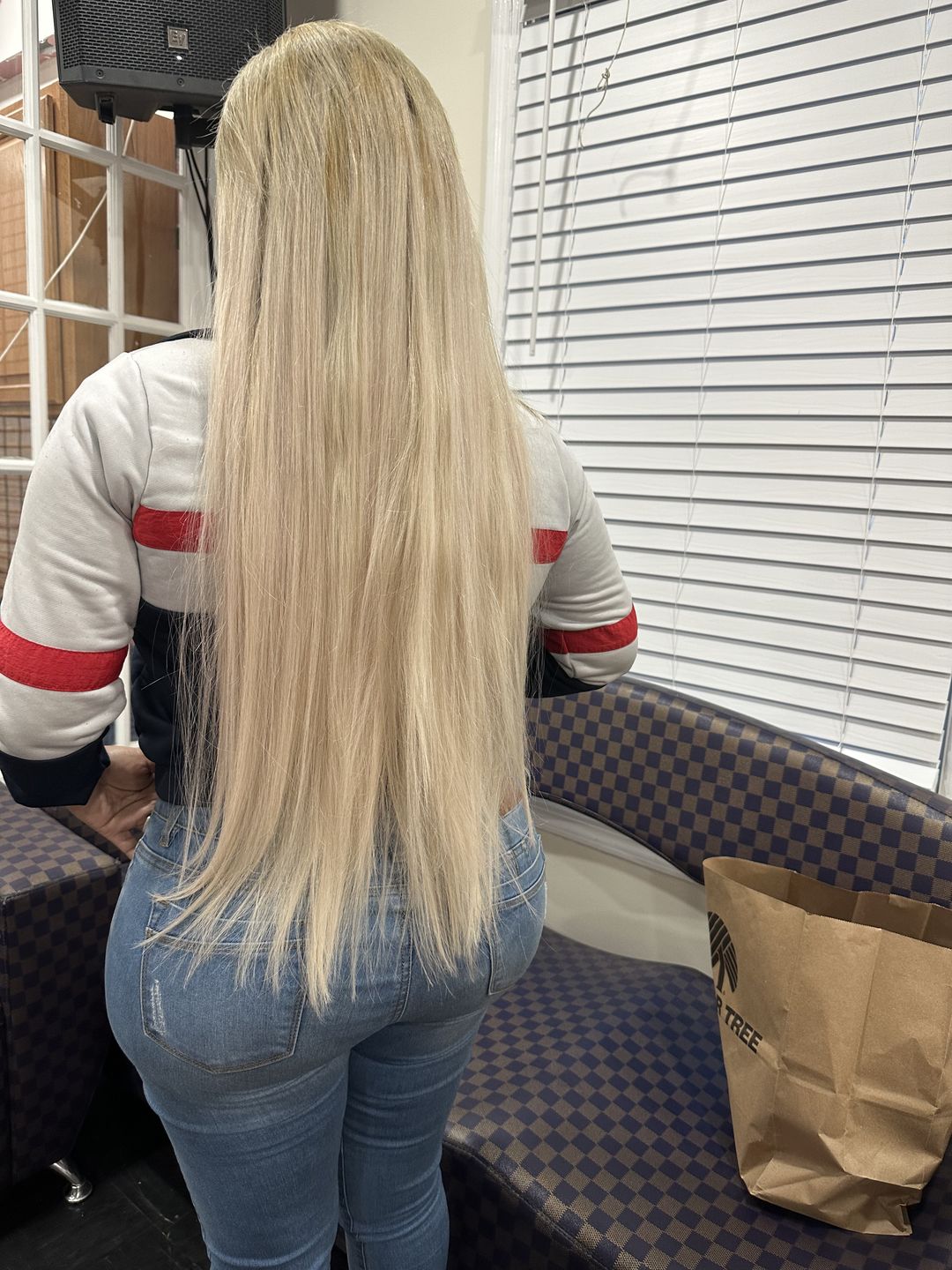 Customer photo review of Full Shine Tape in Hair Extensions Remy Human Hair Platinum Blonde (#60)