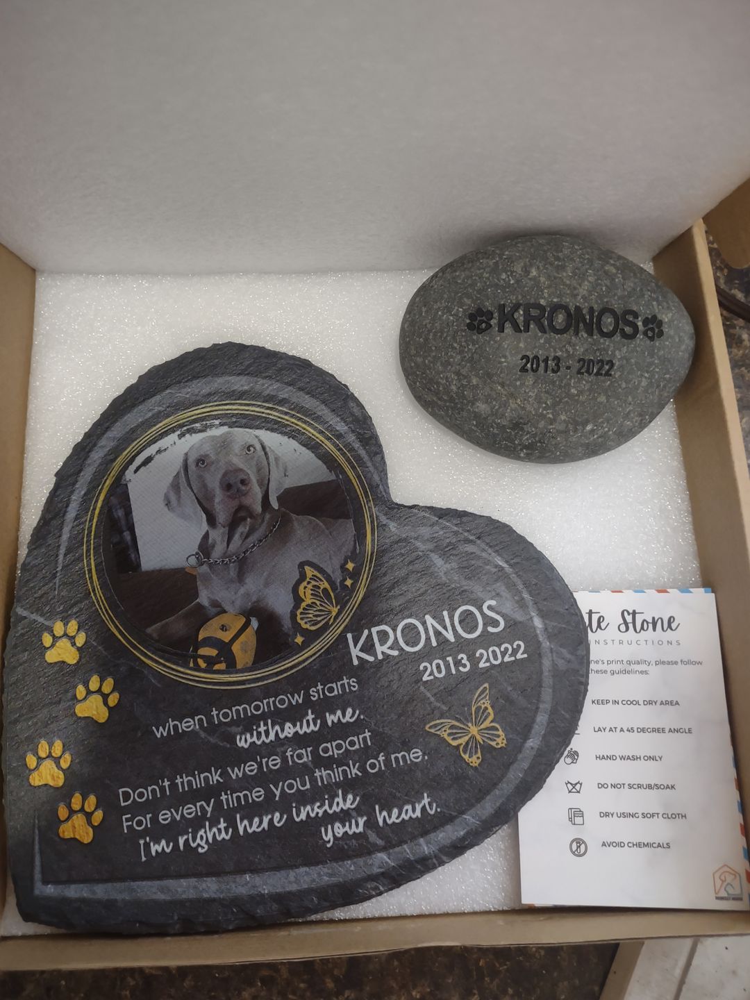 Customer photo review of Pet Grave Marker   Custom Engraved Pet Memorial Stone Paw Prints