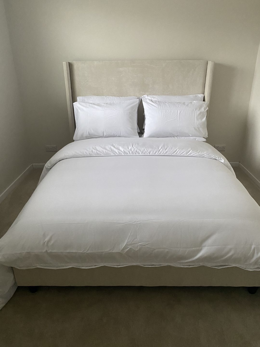 Customer photo review of Venus Linen cream winged bed Ottoman – high headboard, tall headboard, cream bed