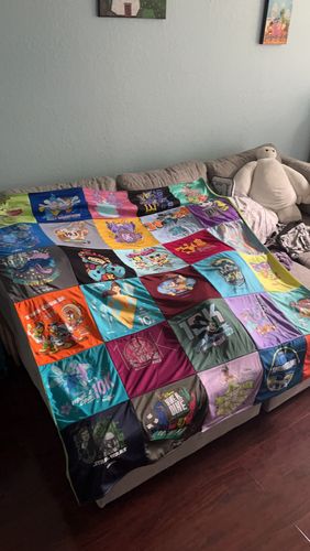 T-shirt quilt with animated films, cartoons themes by Shannon from FL