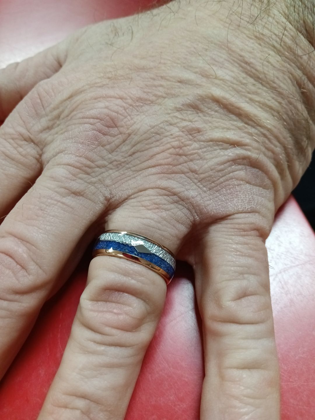 Customer photo review of 8mm- ROSE GOLD TUNGSTEN ARROW RING W/ BLUE LAPIS LAZULI, FAUX METEORITE,