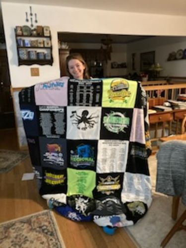 T-shirt quilt with music, sports themes by Cathie from MO