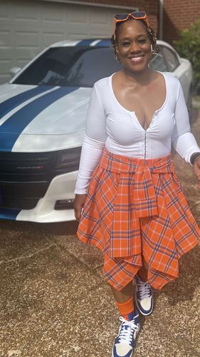 Customer photo review of Charlie Plaid Flannel Skirt (Orange/Blue)