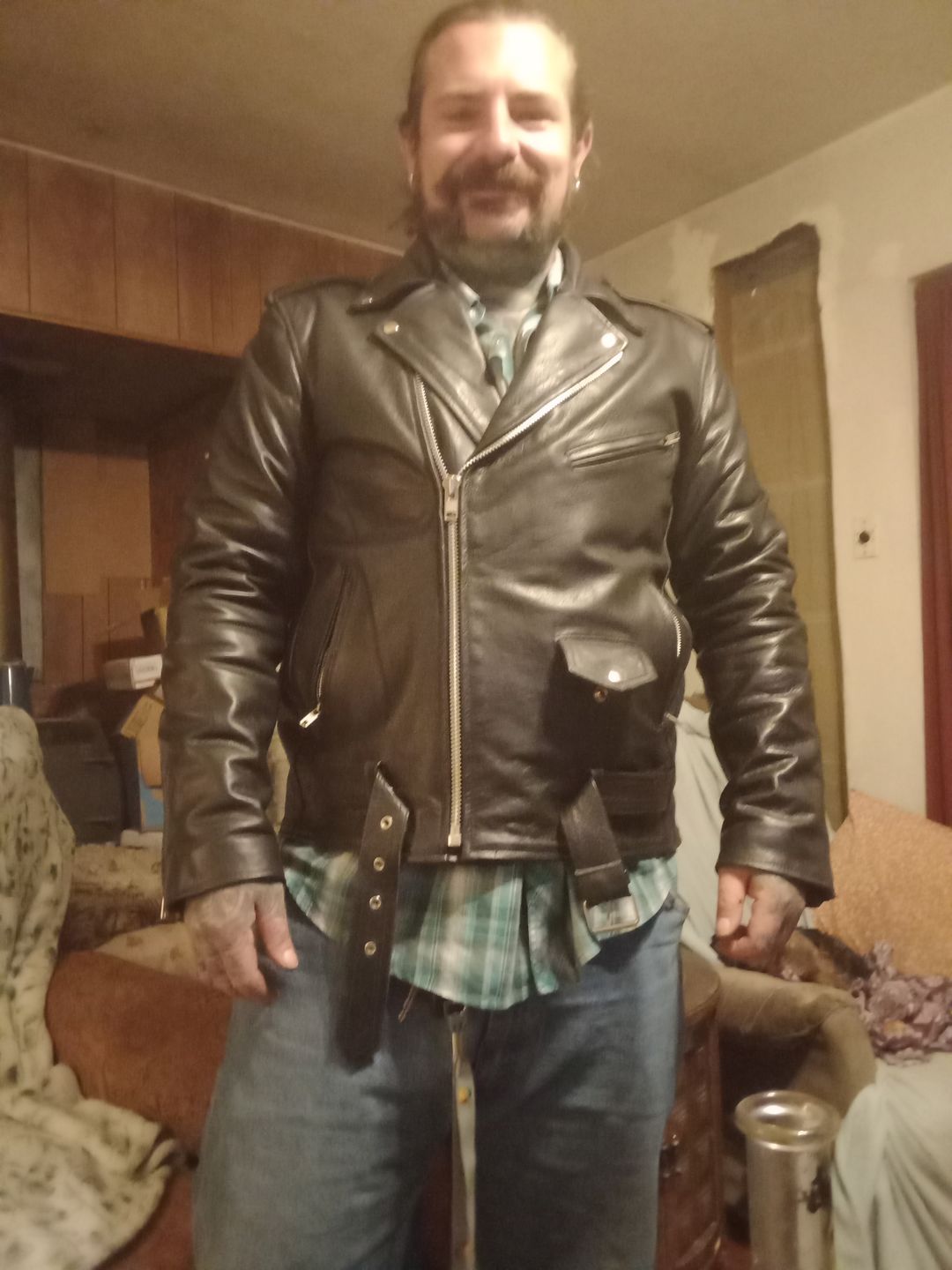 Customer photo review of "Perfect" Biker Style Classic Black Premium Heavy Leather Jacket