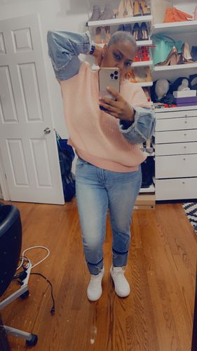 Customer photo review of Demi Denim Sleeve Sweater (Pink/Light Denim) PRE-ORDER