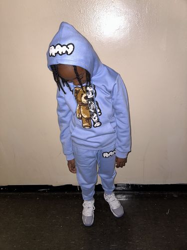Customer photo review of Kids Teddy Robot Raw Drip White Chenille Hoodie and Jogger Set