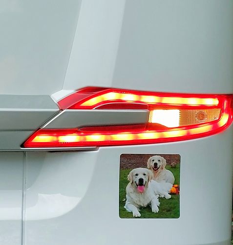 Customer photo review of wetterfester Aufkleber mit Foto & Wunschtext (Quadrat)