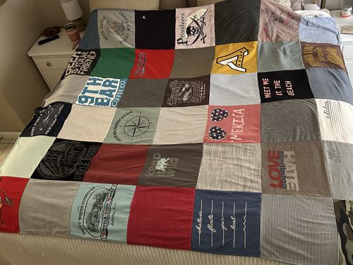 T-shirt quilt with beach activities, pirate culture themes by Jillian from FL
