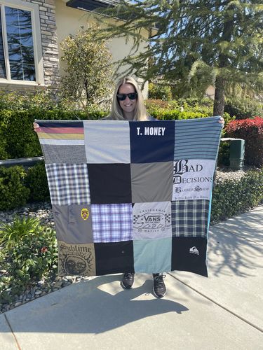 T-shirt quilt with music, surfing themes by Kim from CA