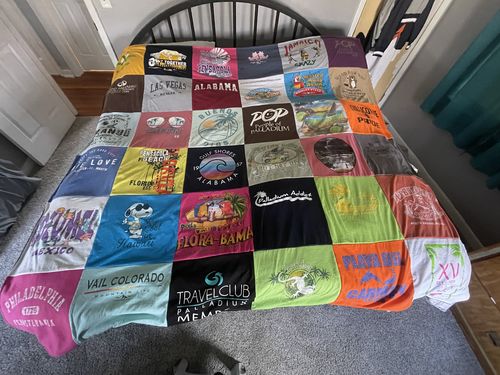 T-shirt quilt with travel, beach themes by GINA from IL