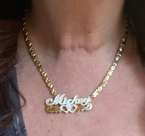 Customer photo review of The Double Plated Infinite Love Name Necklace with Hugs and Kisses Chain