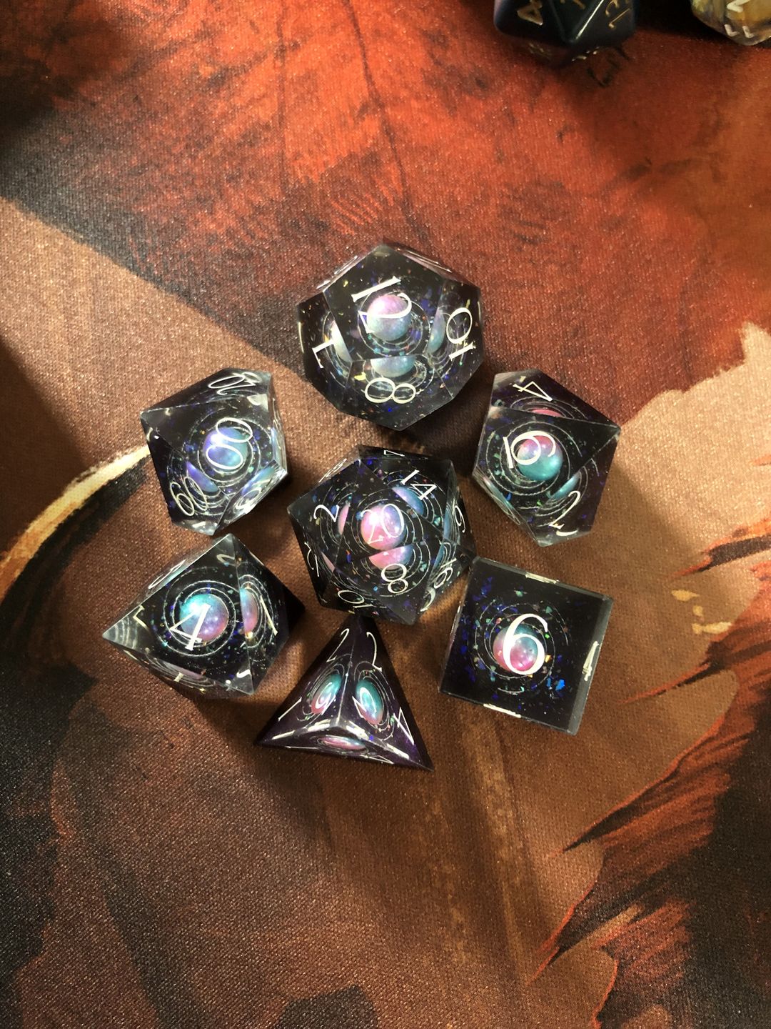 Customer photo review of URWizards D&D Resin Engraved Dice Set The Galaxy
