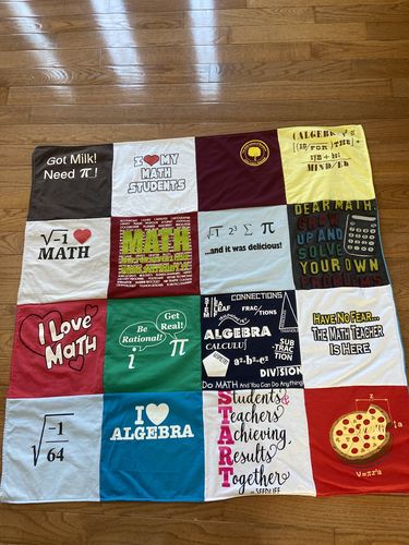 T-shirt quilt with mathematics, education themes by Kathryn from MD