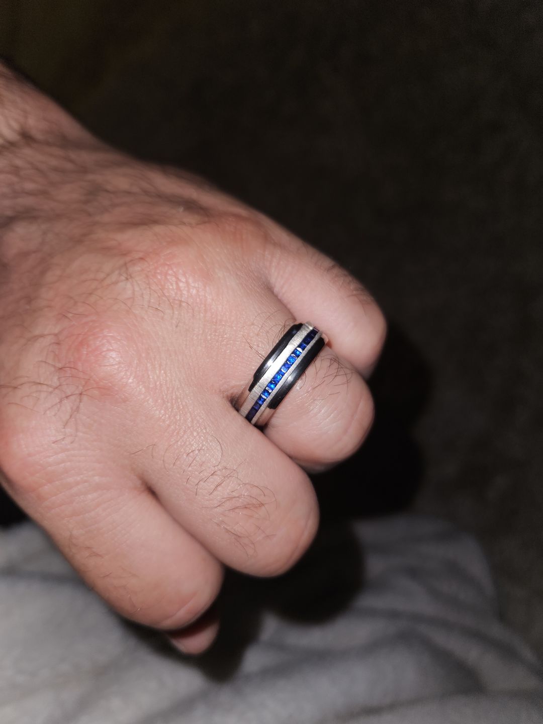 Customer photo review of 8mm - Mens Titanium Wedding Band With Blue Sapphire Titanium Ring