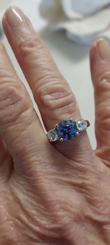Customer photo review of 3-Stone Kaleidoscope Purple Aqua CZ Ring in Sterling Silver