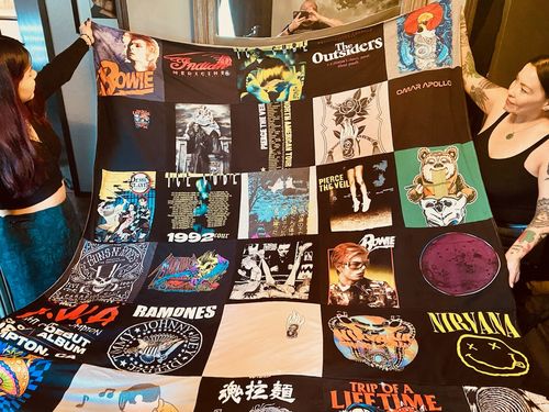 T-shirt quilt with music, rock themes by Helen from OK