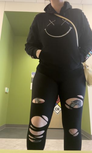 Customer photo review of Salty Savage Ladies High Waist NO FRONT SEAM Laser Ripped Leggings | Wet Suit Performance Collection | Black