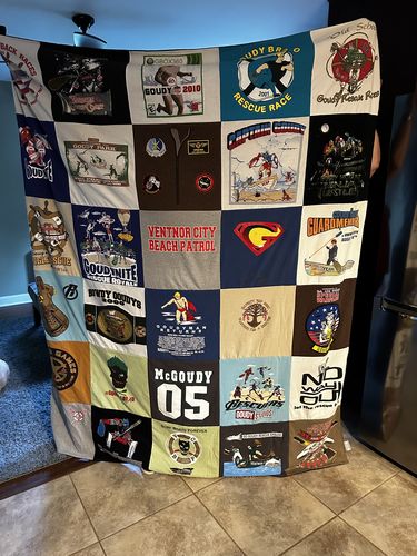 T-shirt quilt with beach activities, lifeguarding themes by Julie from PA