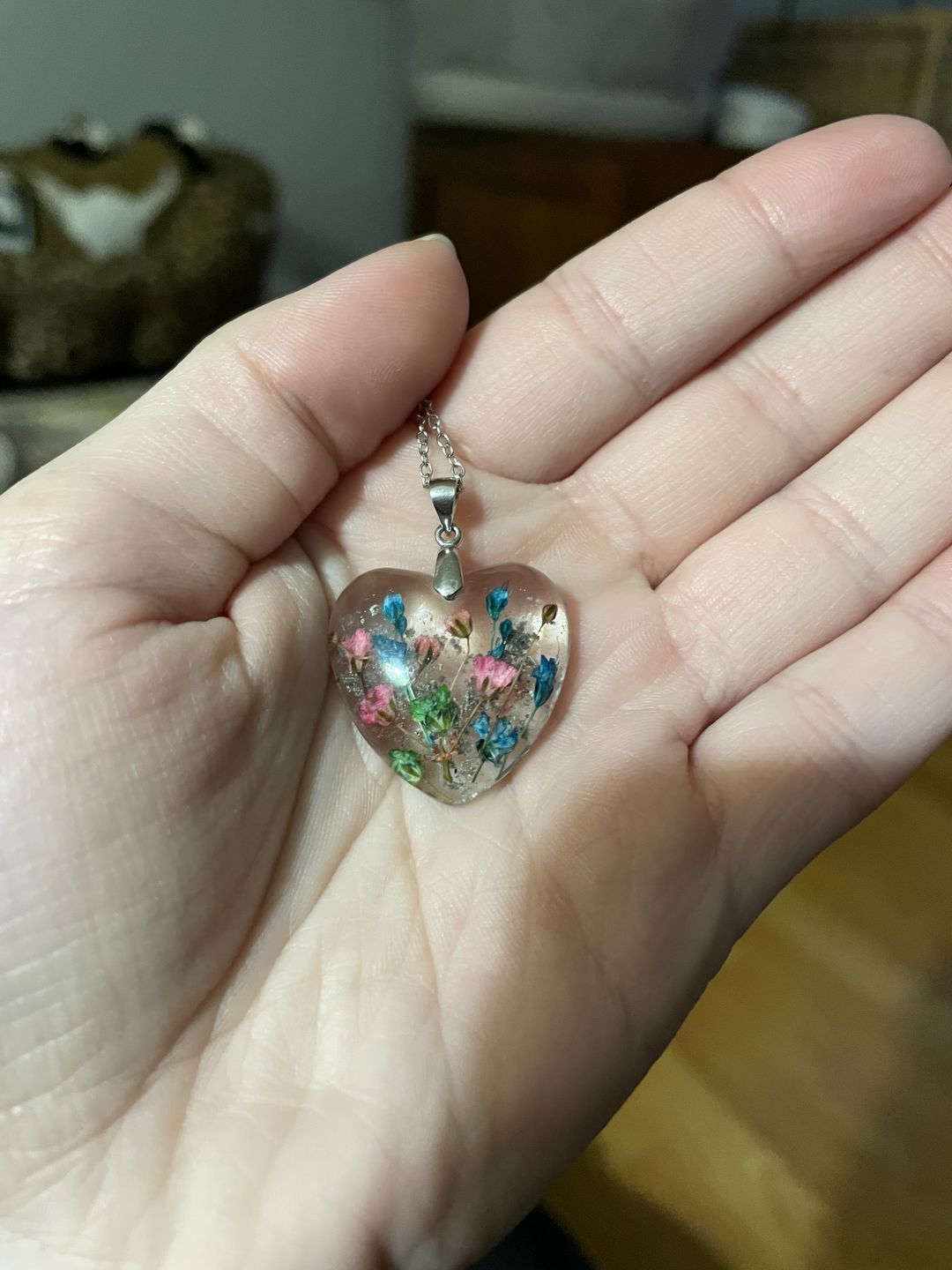 Customer photo review of Flower Heart Necklace with Real Flower and Cremains