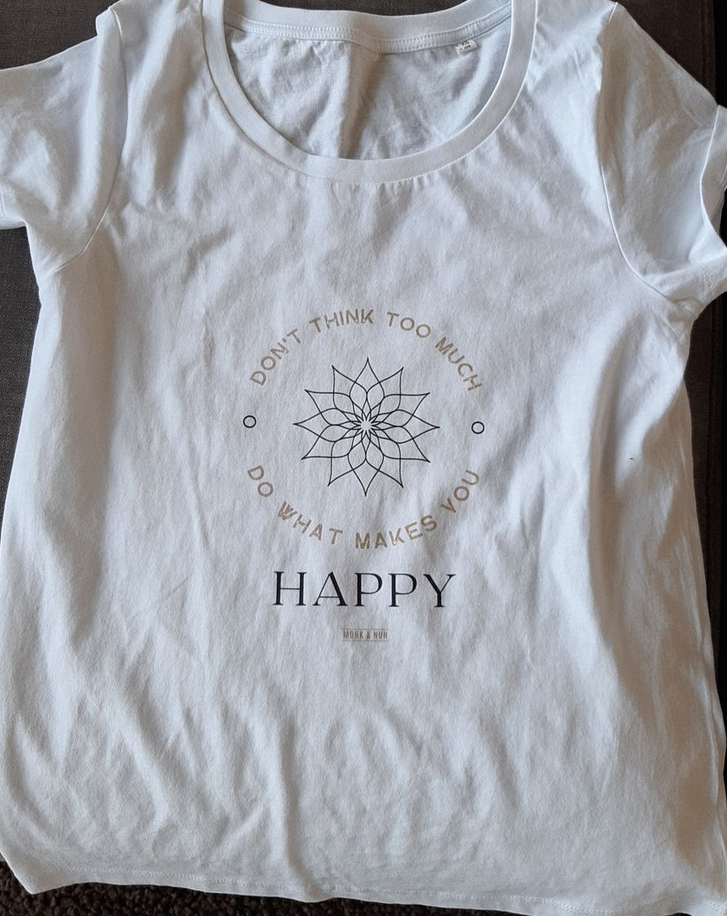 Customer photo review of Damen T-Shirt slim fit "DON'T THINK TOO MUCH" Bio-Baumwolle