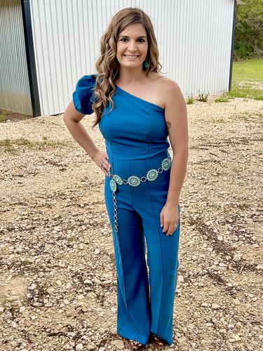 Customer photo review of Casual Puff Sleeve Cross Shoulder Jumpsuit