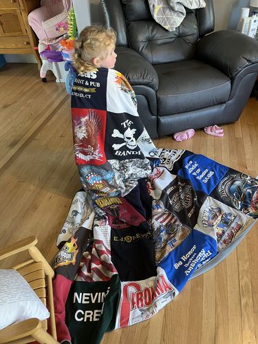 T-shirt quilt with music, breweries themes by Donna from CT