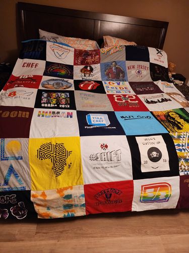 T-shirt quilt with cooking, politics themes by Leslie from NC