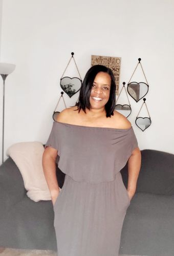 Customer photo review of WOMEN'S OFF SHOULDER RUFFLE FRONT MAXI DRESS