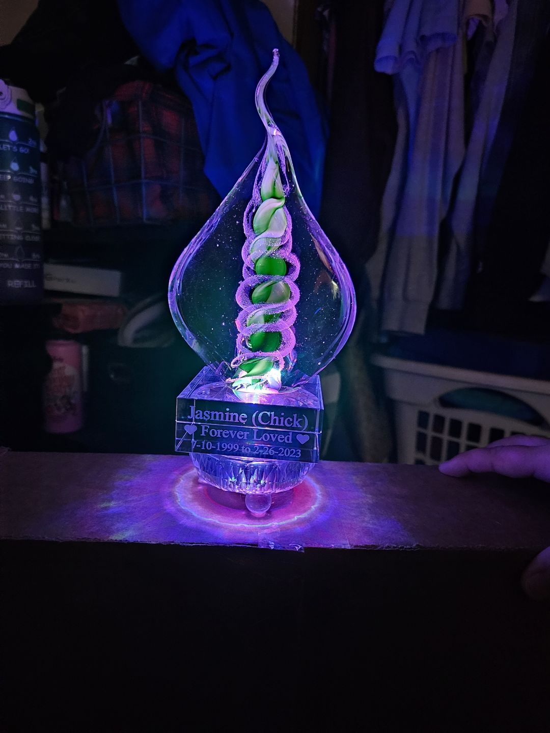 Customer photo review of Illuminated Memorial Glass Flame with Cremation Ashes