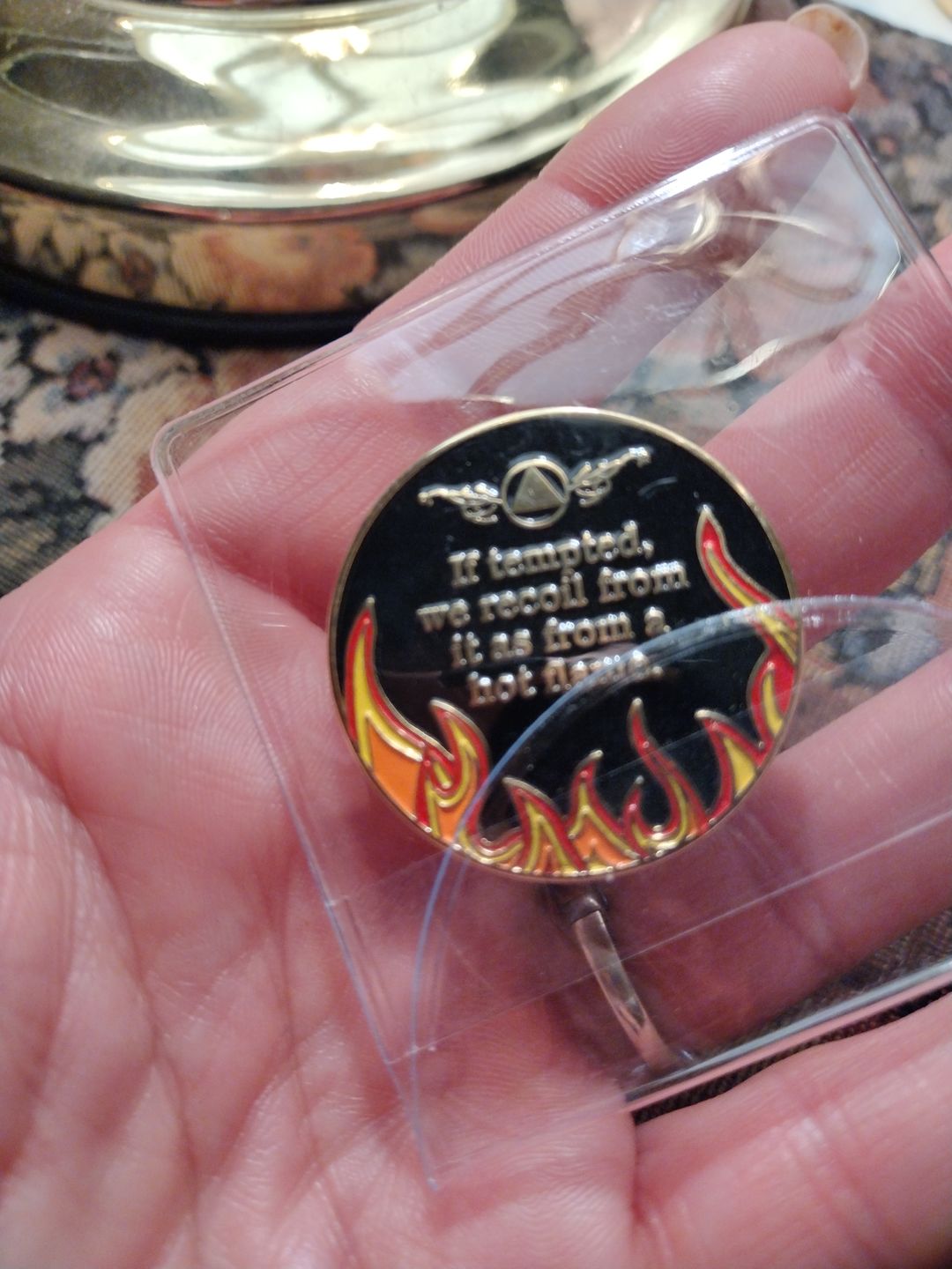 Customer photo review of 1 to 40 Year Sobriety Mint Twisted Flames Gold Plated AA Recovery Medallion/Chip/Coin - Black/Red/Orange/Yellow