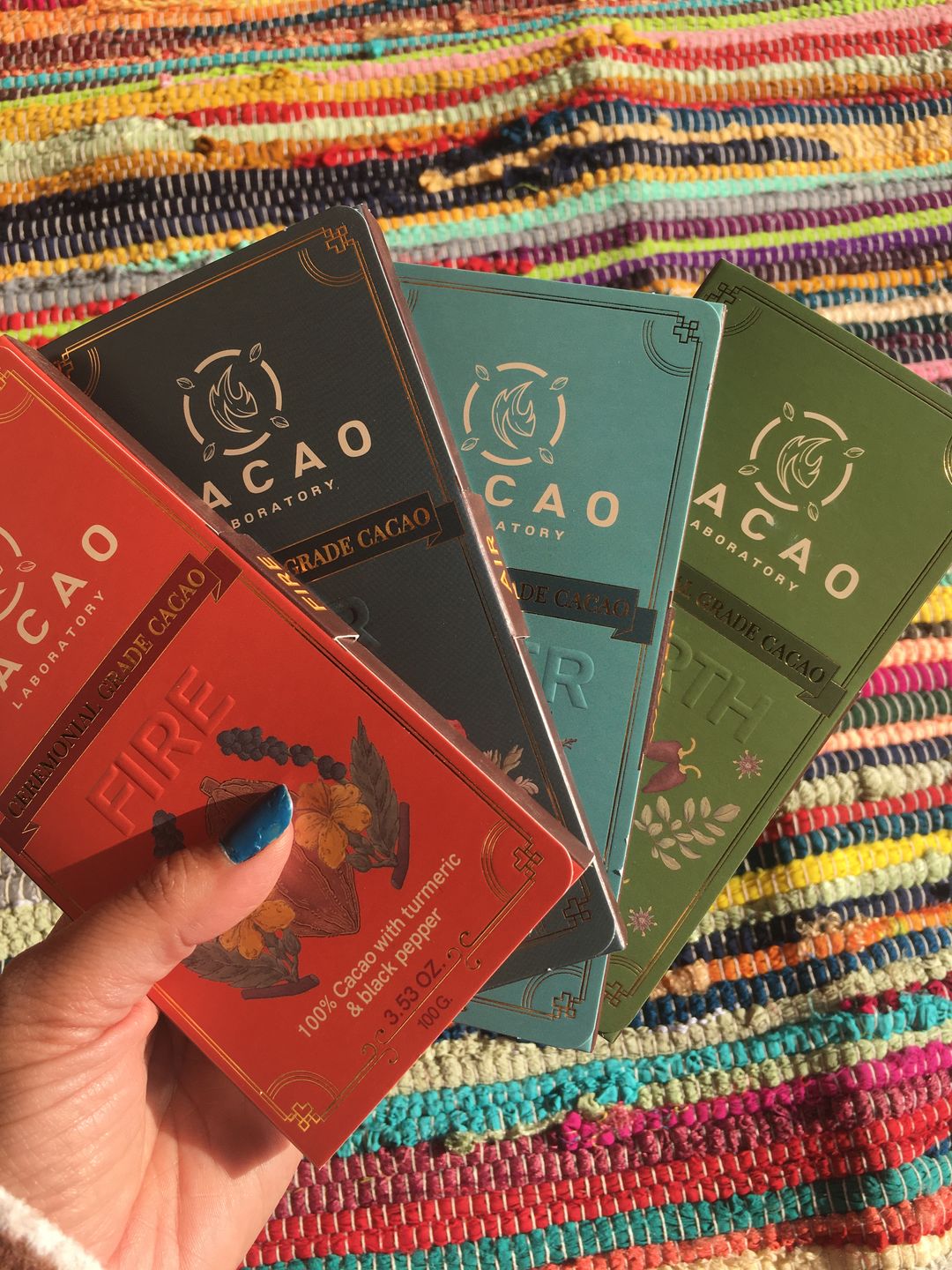Customer photo review of Four Sacred Element Cacao Blends Variety Box (4 bars – 3.5 oz each)