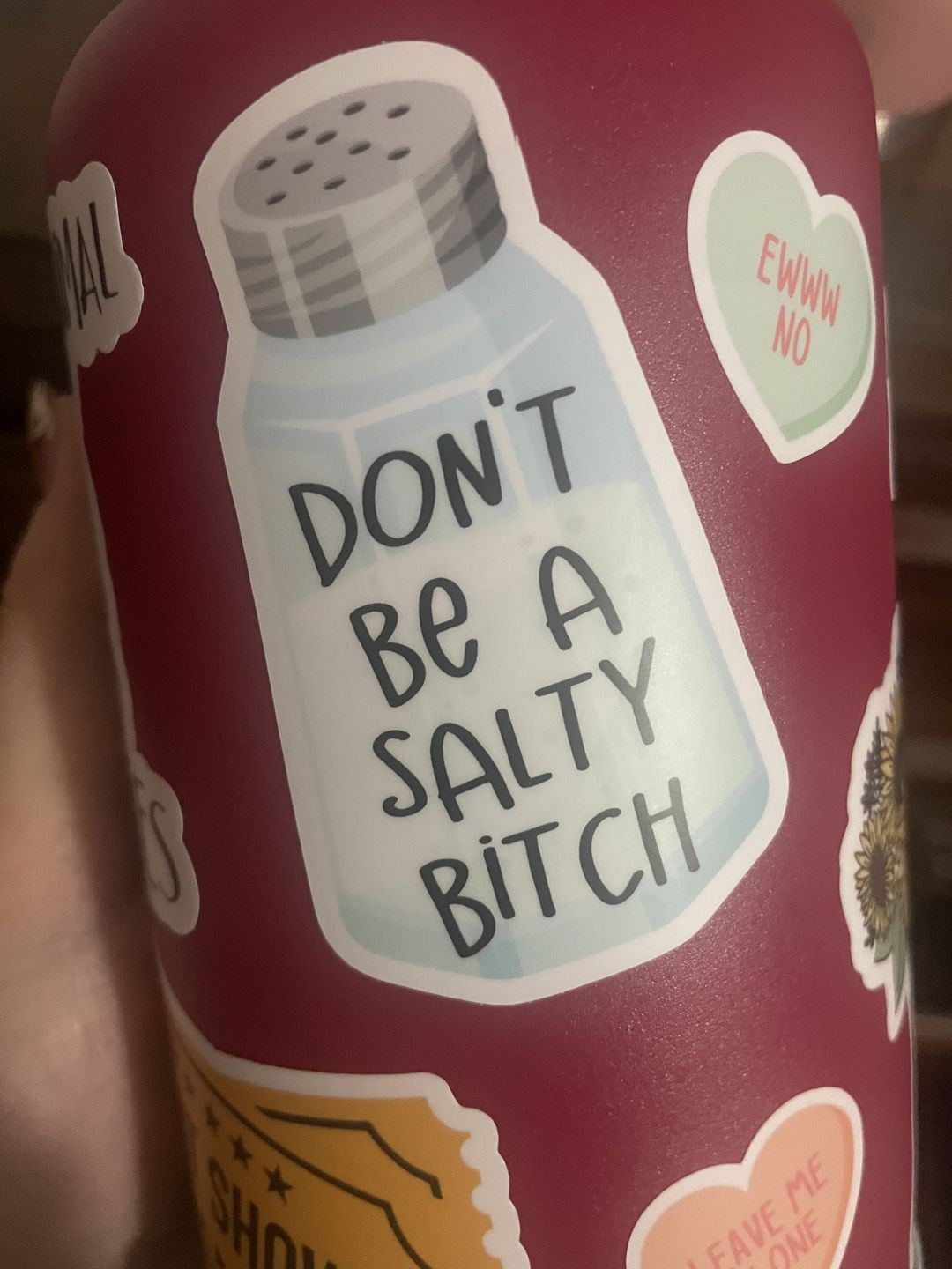 Customer photo review of Don't Be a Salty Bitch Saltshaker Sticker