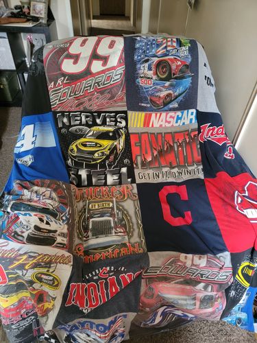 T-shirt quilt with nascar, racing themes by Leora from OH