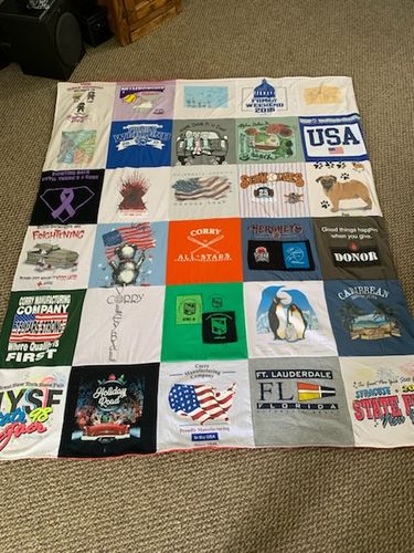 T-shirt quilt with fishing, travel themes by Shar from VA