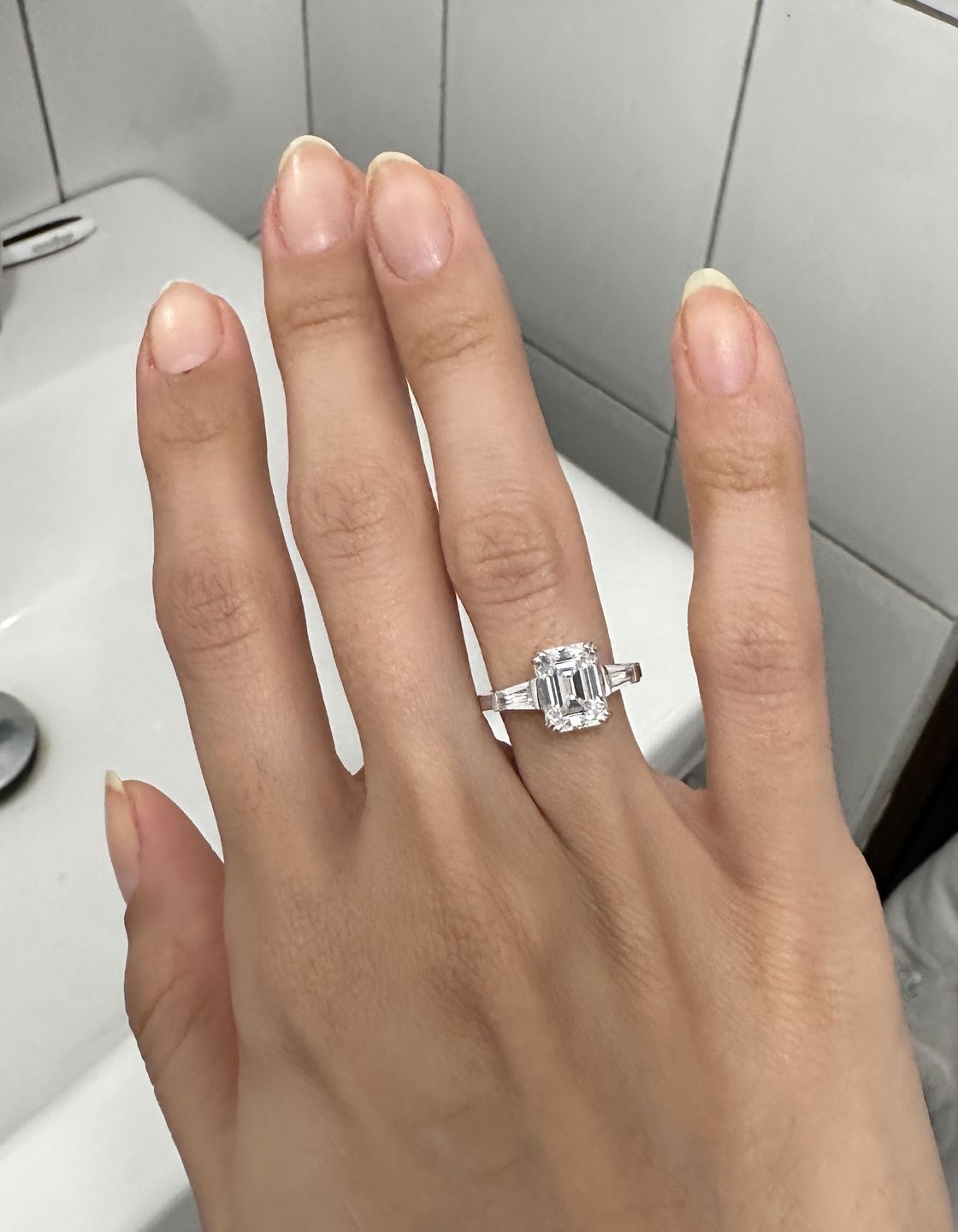 Customer photo review of 3-Stone 2.1ct Emerald Cut CZ Ring in Sterling Silver